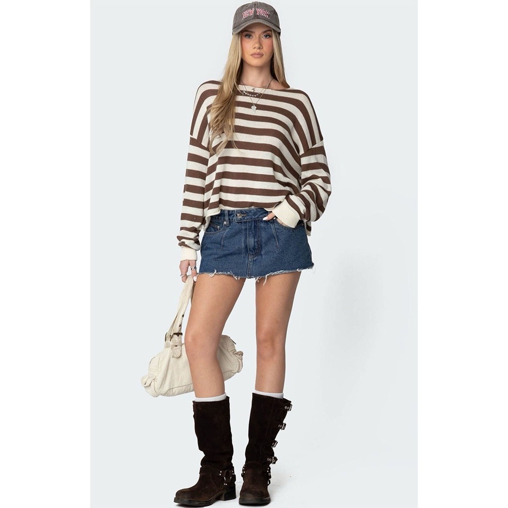Edikted  Size Medium Brown & White Knit Cropped Striped Sweater Top
